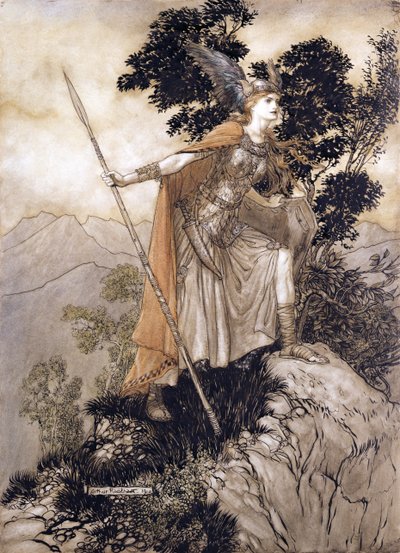 برونهيلد ، رسم توضيحي من The Rhinegold and the Valkyrie بقلم ريتشارد فاجنر ، 1910 (قلم وحبر ، مرحاض على ورق) بواسطة آرثر راكهام