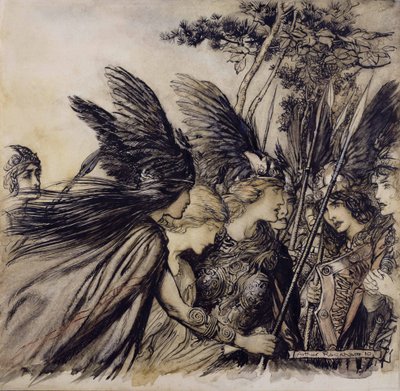 Brunnhilde يستكشف Valkyries ، التوضيح من The Rhinegold and the Valkyrie ، بقلم ريتشارد فاجنر ، طبعة نشرت عام 1910 (قلم وحبر ومرحاض على الورق) بواسطة آرثر راكهام