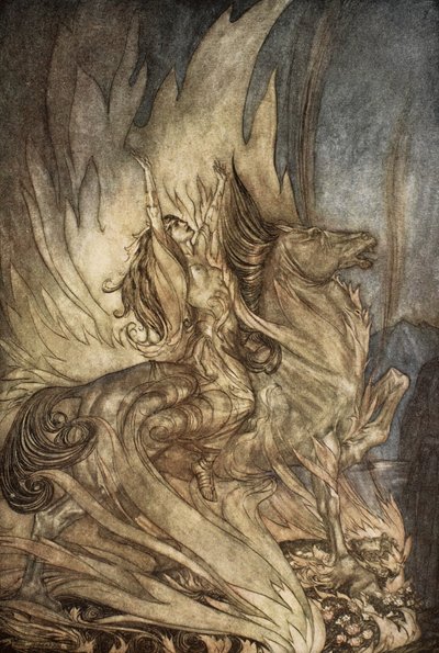 Brunnhilde على Grane يقفز إلى محرقة جنازة Siegfried ، رسم توضيحي من "Siegfried and the Twilight of the Gods" بواسطة آرثر راكهام