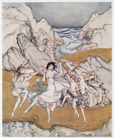 تعال إلى هذه الرمال الصفراء التوضيحية من William Shakespeares The Tempest ، الحانة. 1926 بواسطة آرثر راكهام