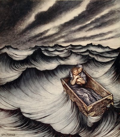 Danae صفقت طفلها عن كثب ، رسم توضيحي من 'A Wonder Book for Girls and Boys' لـ Nathaniel Hawthorne بواسطة آرثر راكهام