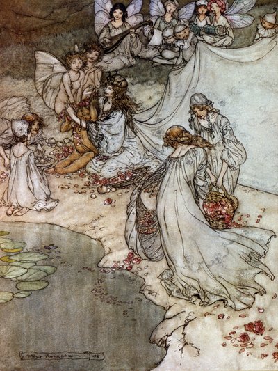 الجان يصنعون قلادات الورد. رسم إيضاحي لآرثر راكهام (1867-1939) لحلم ليلة صيفية بقلم ويليام شكسبير بواسطة آرثر راكهام