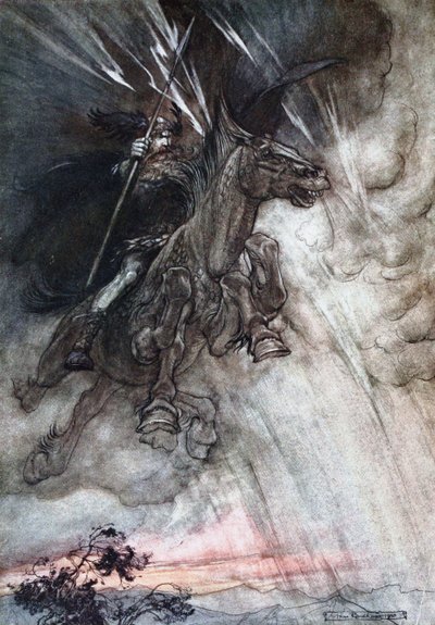 على نحو غاضب يركب Wotan إلى الصخرة. رسم توضيحي لـ The Rhinegold and The Valkyrie بواسطة Richard بواسطة آرثر راكهام
