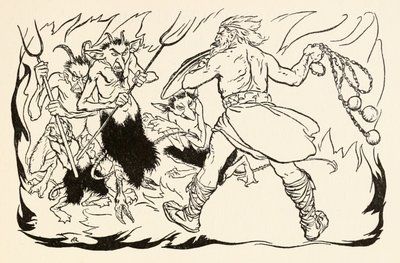 غول ماك مورنا يعتدي على جهنم لإنقاذ فيون و Fianna-Finn ، من The Little Brawl at Allen in Irish Fairy Tales بواسطة آرثر راكهام