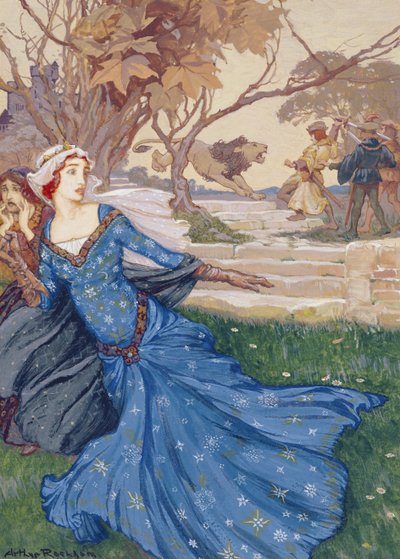 Guinevere أنقذها La Cote Male Taile ، رسم توضيحي من مجموعة من القصص من حكايات قديمة: Grimm ، Andersen and Stories of King Arthur ، تم نشره عام 1905 (لون الجسم على الورق) بواسطة آرثر راكهام
