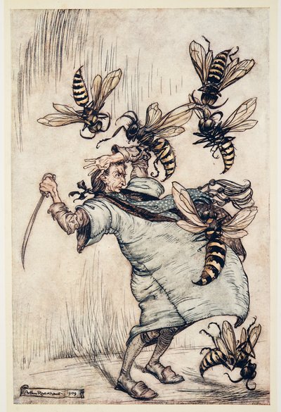 معركة جاليفر مع الدبابير ، من رحلات جاليفر لجوناثون سويفت (1667 - 1745) ، حانة. 1909 (لون ليثو) بواسطة آرثر راكهام
