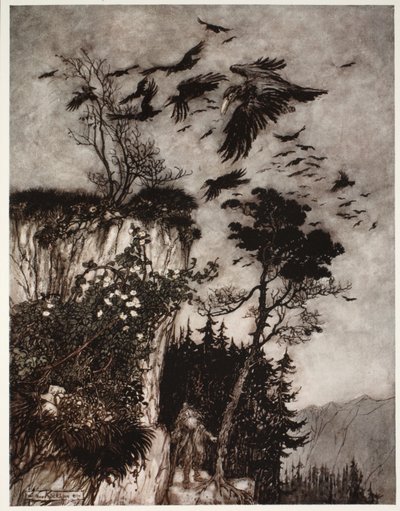 تم الرد عليه فقط من قبل قطيع من الغربان الخاملة. ، من Rip Van Winkle by Washington Irving ، حانة. 1910 بواسطة آرثر راكهام