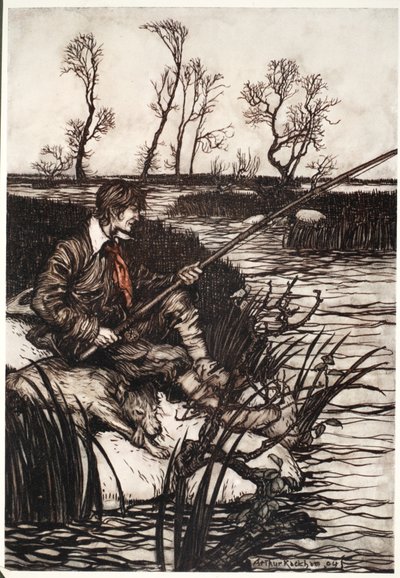 كان يجلس على صخرة وأسماك مبللة طوال اليوم. ، من Rip Van Winkle by Washington Irving ، حانة. 1910 بواسطة آرثر راكهام