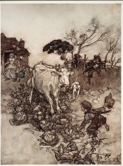 كانت بقرته تضل أو تتنقل بين الملفوف. ، من حانة Rip Van Winkle by Washington Irving ، حانة. 1910 بواسطة آرثر راكهام