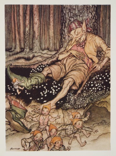صعد هوب-إصبعي إلى Ogre بهدوء وسحب حذائه من الدوري السبعة ، من The Arthur Rackham Fairy Book ، حانة. 1933 بواسطة آرثر راكهام
