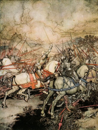 كيف رسم آرثر سيفه ، Excalibur ، لأول مرة ، التوضيح من "الرومانسية للملك آرثر وفرسان المائدة المستديرة" ألفريد دبليو بولارد ، 1910 بواسطة آرثر راكهام