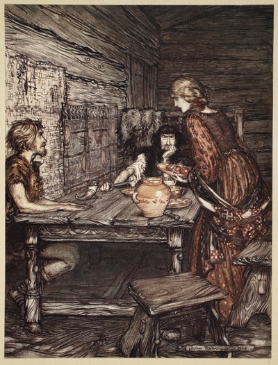 يكتشف Hunding الشبه بين Siegmund و Sieglunde ، التوضيح من "The Rhinegold and the Valkyrie" ، 1910 بواسطة آرثر راكهام