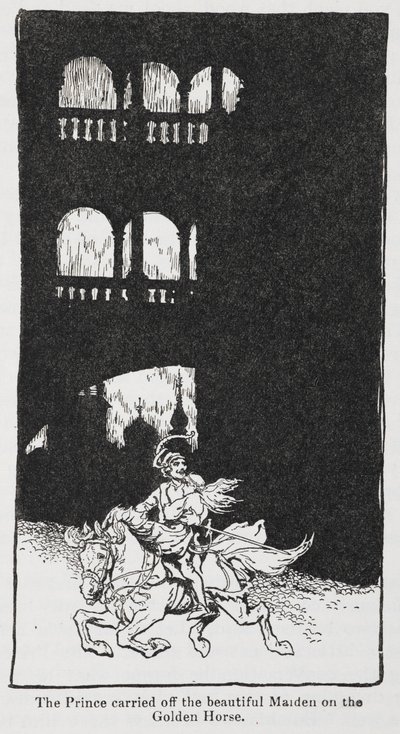 رسم توضيحي من الطائر الذهبي عندما يحمل الأمير العذراء على ظهور الخيل. بواسطة آرثر راكهام