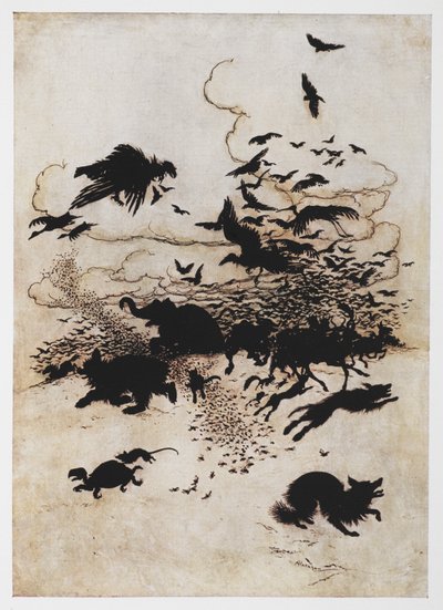رسم توضيحي لتدافع الحيوانات من The Wren and the Bear. بواسطة آرثر راكهام