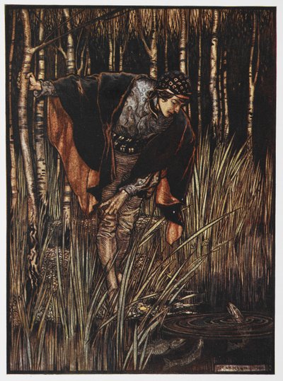 رسم توضيحي لشاب بجانب بركة من The White Snake. بواسطة آرثر راكهام