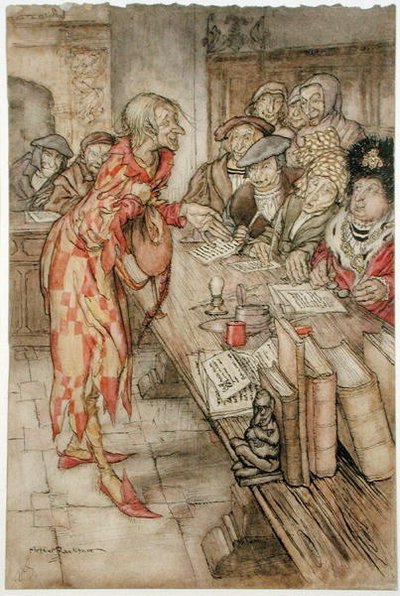 "جاء أغرب شخصية" ، رسم توضيحي من "The Pied Piper of Hamelin" لروبرت براوننج (1812-89) ، النسخة المنشورة عام 1929 (ألوان مائية بالقلم والحبر على الورق) بواسطة آرثر راكهام