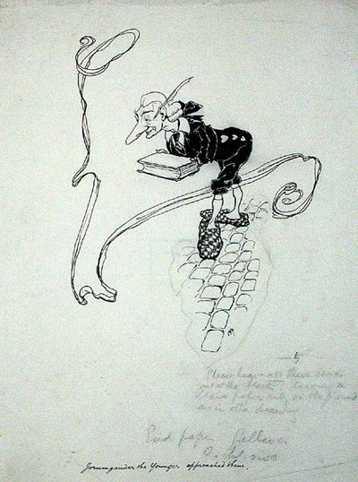 `` غادر Jorumgander the Younger متجره واقترب منهم مع علبة أقلام عرضها للبيع '' ، رسم توضيحي من 'The Zankiwank and the Bletherwitch' ، بقلم SJ Adair Fitzgerald ، نُشر عام 1896 (قلم وحبر على ورق) بواسطة آرثر راكهام