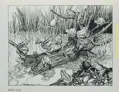 King Log ، رسم توضيحي من "أساطير إيسوب" ، نشره Heinemann ، 1912 بواسطة آرثر راكهام