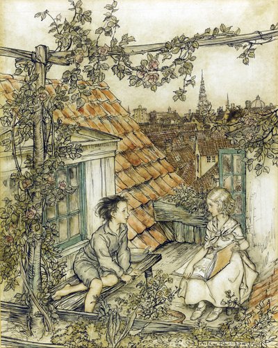 La Reine des neiges - كاي وجيردا في حديقتهما المرتفعة على السطح. رسم توضيحي لحكاية ملكة الثلج Par Rackham ، آرثر (1867-1939) بواسطة آرثر راكهام