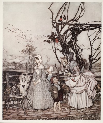 الأم والأطفال يعودون من جمع التفاح ، من Rip Van Winkle by Washington Irving ، حانة. 1910 بواسطة آرثر راكهام