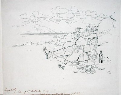 "الآن سانت ميدارد سكن على ضفاف النيل" ، رسم توضيحي من "أساطير إنجولدسبي ، أو ميرث آند مارفلز" ، بقلم توماس إنغولدسبي ، نُشر عام 1898 (قلم وحبر على ورق) بواسطة آرثر راكهام