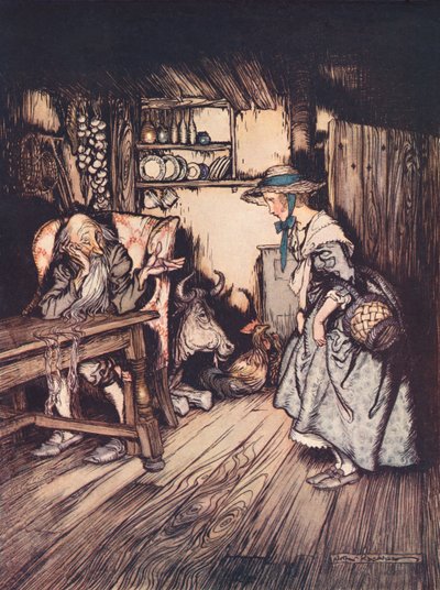 لقد توسلت بلطف شديد للسماح لها بقضاء الليل هناك. رسم توضيحي لأرثر راكهام من فيلم Fairy Tale ، The Hut in the Forest لجريم ، نُشر في أواخر القرن التاسع عشر. بواسطة آرثر راكهام