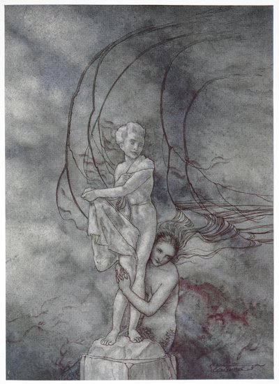 "وضعت ذراعيها حول الشكل الرخامي الذي كان يشبه الأمير". رسم توضيحي لقصة "حورية البحر الصغيرة". بواسطة آرثر راكهام