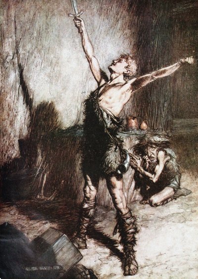 سيغفريد يصوغ سيفه. رسم توضيحي ل Siegfried وشفق الآلهة بقلم ريتشارد واج بواسطة آرثر راكهام