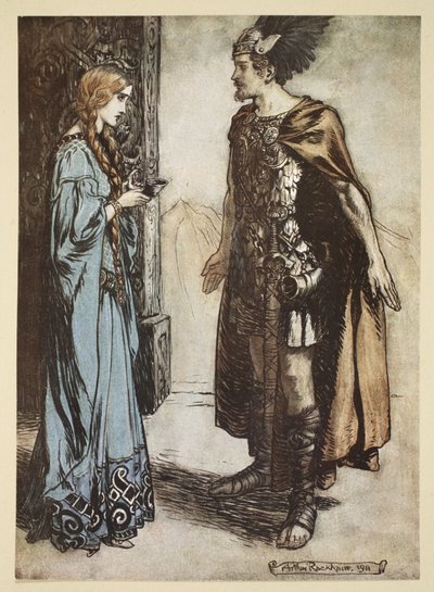 Siegfried تسلم بوق الشرب إلى Gutrune ، وتنظر إليها بشغف مفاجئ ، رسم توضيحي من "Siegfried و Twilight of the Gods" ، 1924 بواسطة آرثر راكهام