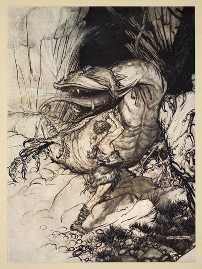 Siegfried يقتل Fafner ، التوضيح من "Siegfried وشفق الآلهة" ، 1924 بواسطة آرثر راكهام