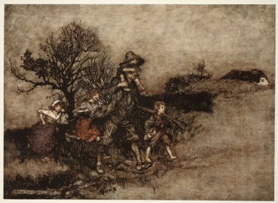 محاط بقوات من الأطفال. ، من Rip Van Winkle by Washington Irving ، حانة. 1910 بواسطة آرثر راكهام