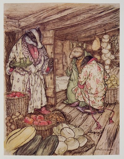 كانت متاجر بادجرز الشتوية ، التي كانت مرئية بالفعل في كل مكان ، تشغل نصف الغرفة ، من Wind in the Willows بواسطة Kenneth Grahame (1859 - 1932) ، الحانة. 1940 بواسطة آرثر راكهام