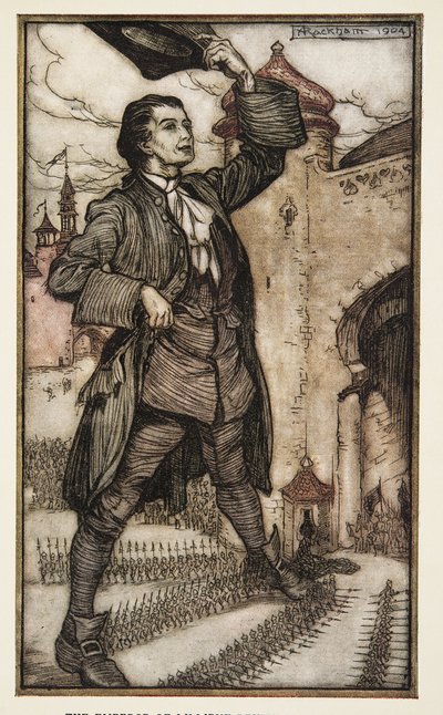 إمبراطور ليليبوت يراجع قواته ، من رحلات جاليفر لجوناثون سويفت (1667 - 1745) ، حانة. 1909 (لون ليثو) بواسطة آرثر راكهام