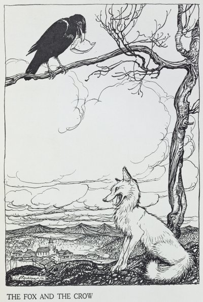 الثعلب والغراب ، رسم توضيحي من "أساطير إيسوب" ، نشره Heinemann ، 1912 (النقش) بواسطة Arthur Rackham