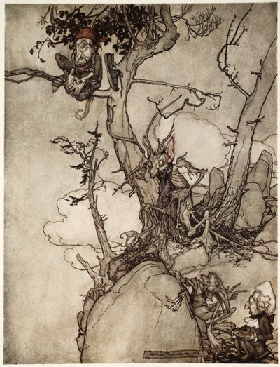 لطالما كانت جبال Kaatsberg أو Catskill منطقة مليئة بالخيال. ، من Rip Van Winkle by Washington Irving ، حانة. 1910 بواسطة آرثر راكهام