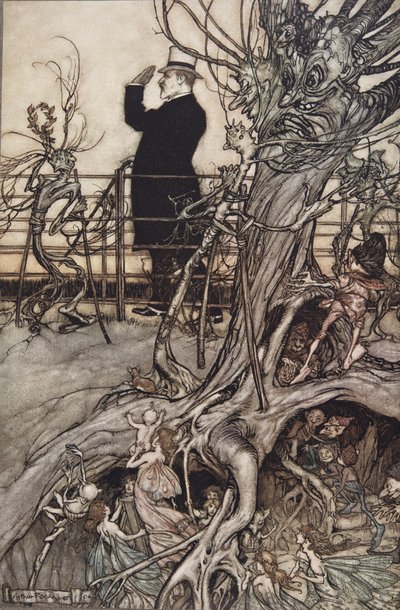 The Kensington Gardens are in London, where the King lives ..", from Peter Pan in Kensington Gardens by J M Barrie (1860 - 1937), pub. 1906 (colour litho) بواسطة آرثر راكهام