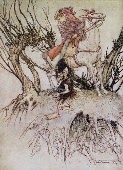 الفارس هولبراند مع تمثال ، رسم توضيحي لحكاية &39;Undine&39; للبارون دي لا موت فوك ، 1909 بواسطة آرثر راكهام