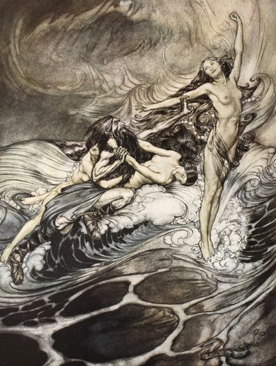 استحوذت عائلة وحيد القرن على الخاتم وحملته في انتصار ، رسم توضيحي من "سيغفريد وشفق الآلهة" بواسطة آرثر راكهام