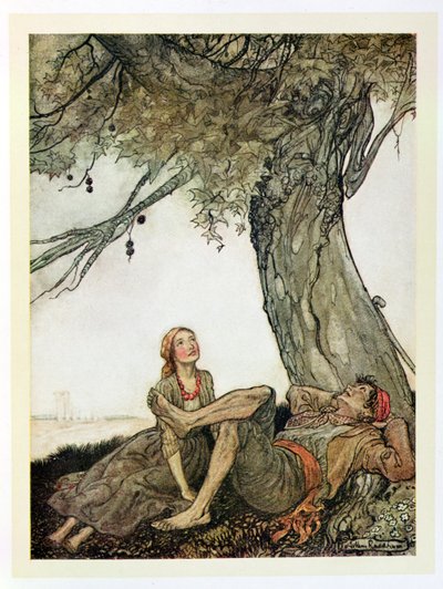 المسافرون وشجرة الطائرة ، رسم توضيحي من "أساطير إيسوب" ، نشره Heinemann ، 1912 بواسطة آرثر راكهام