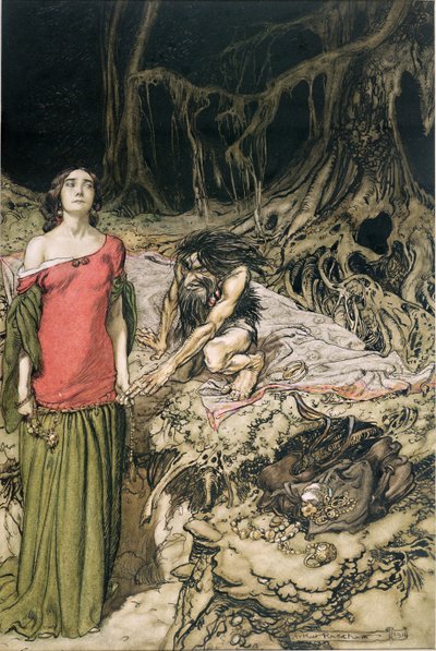 اغواء Grimhilde ، والدة Hagen من فيلم Siegfried و The Twilight of the Gods بقلم ريتشارد فاجنر ، ترجمة مارغريت آرمور ، 1911 بواسطة آرثر راكهام