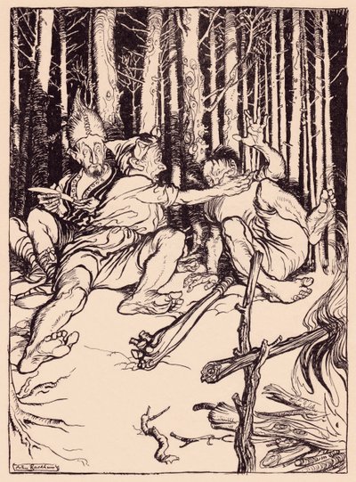 أعطى العملاق للذي كان يجلس بجانبه صندوقًا على أذنه. رسم توضيحي لآرثر راكهام من فيلم Fairy Tale لجريم ، The Skillful Huntsman. بواسطة آرثر راكهام