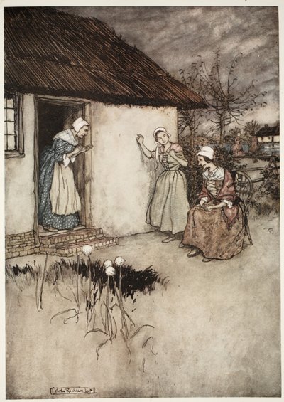 لم تفشل زوجات القرية الطيبة ، في أحاديثهن المسائية ، في إلقاء اللوم على Dame Van Winkle ، من Rip Van Winkle by Washington Irving ، الحانة. 1910 بواسطة آرثر راكهام