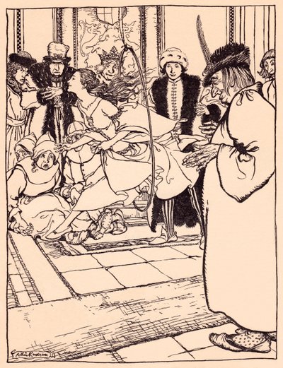 قفزت الفتاة الجميلة عبر الطوق بخفة مثل الغزلان. رسم توضيحي لآرثر راكهام من حكاية جريم الخيالية، الريش الثلاثة. بواسطة آرثر راكهام
