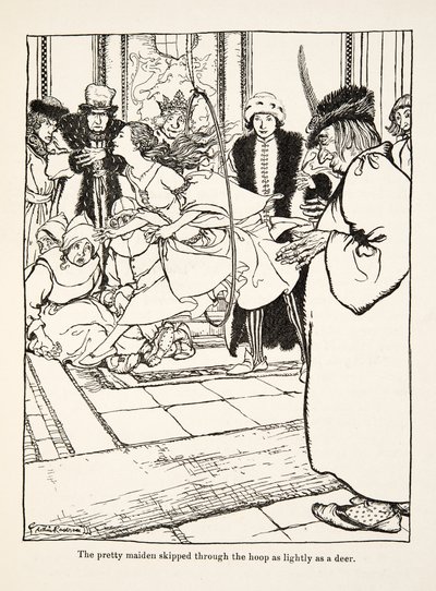قفزت العذراء الجميلة عبر الطوق بخفة مثل الغزلان ، من Little Brother & Little Sister and Other Tales by the Brothers Grimm ، حانة 1917 (litho) بواسطة آرثر راكهام
