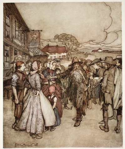 احتشدوا حوله ، متطلعين من الرأس إلى القدم بفضول كبير. ، من Rip Van Winkle by Washington Irving ، حانة. 1910 بواسطة آرثر راكهام