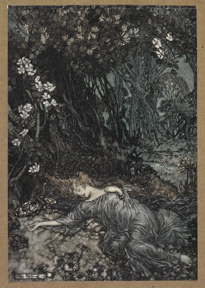 تيتانيا مستلقية نائمة. مشهد من فيلم A Midsummer Night