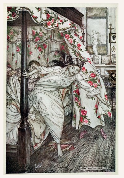 فينوس والقط ، رسم توضيحي من "أساطير إيسوب" ، نشره Heinemann ، 1912 (لون ليثو) بواسطة آرثر راكهام