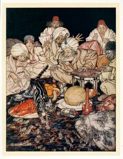 عندما رأت Puss الجرذان والفئران ، لم تنتظر حتى يتم إخبارها ، من English Fairy Tales ، حانة. 1922. بواسطة آرثر راكهام