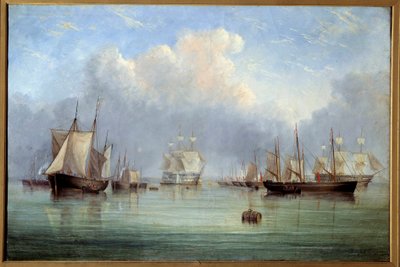 السفن البحرية والمراكب الشراعية الراسية. لوحة آرثر ويلينجتون فاولز (1815-1883) متحف أورليانز للفنون الجميلة في القرن التاسع عشر بواسطة آرثر ويلينجتون فاولز