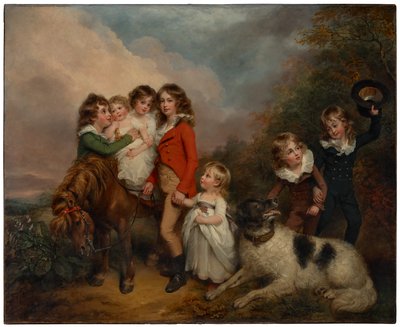 صورة لأولاد بنجامين جولدسميد مع مهر وكلب في منظر طبيعي بواسطة Arthur William Devis